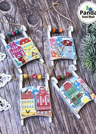 Набір новорічних санок ручної роботи "будиночки" - 4шт.