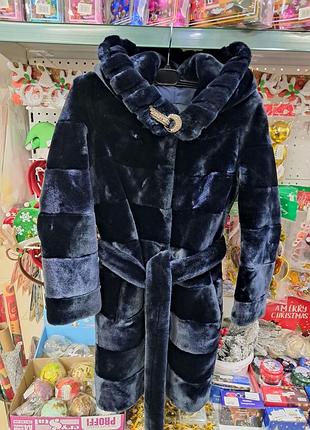 Шуба полушубок муторн еко эко меховая мех с поясом капюшон с капюшоном