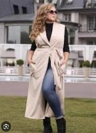 Стильний із кишенями та поясом жакет без рукавів, кардиган