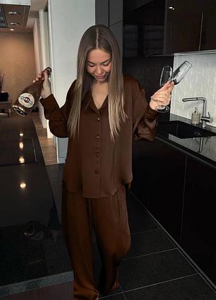 Жіноча піжама домашній костюм сорочка і штани шовкова шоколад, синій