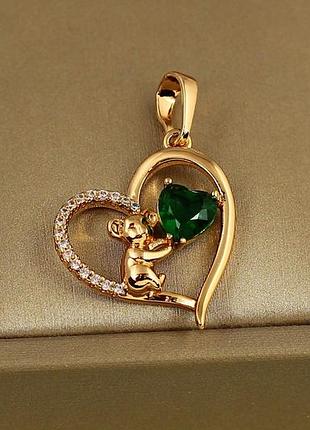 Кулон xuping jewelry серце коали з зеленим каменем 2,2 см золотистий