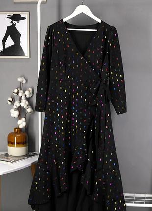 Платье миди на запах "shein" чёрное с блестящим цветным принтом. размер xl.