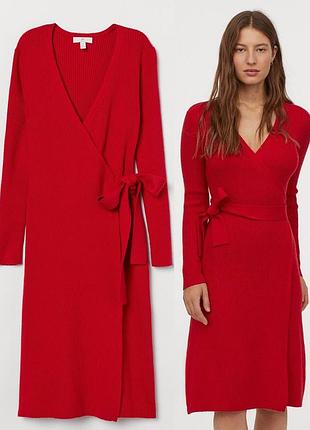 Платье вязаное трикотажное шерстяное в рубчик на запах красное h&m миди