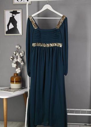 Длинное платье "shein" цвета морской волны с вышивкой из золотистых пайеток, eur40-42, l.