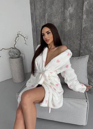 Халат жіночий махра туреччина молочний та рожевий / теплий жіночий халат з капюшоном