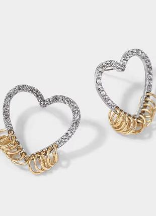 Серьги сердца с подвесками серебристо-золотистые