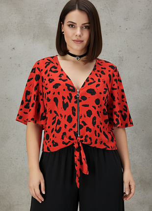 Блузка на блискавці із зав'язками "george" червона з леопардовим принтом, uk16/eur44.