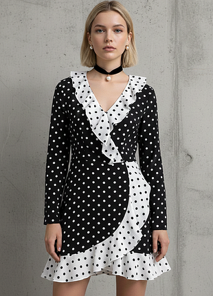 Нове плаття з рюшами з довгими рукавами "missguided" чорно-біле у горошок, uk6/eur34.
