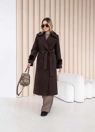 Стильне жіноче тепле пальто з хутром норки шоколадне осінь весна