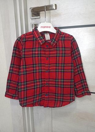 Нарядная теплая хлопковая байковая рубашка с длинным рукавом новогодняя красная в клетку клетчатая рождественская на новый год h&amp;m для мальчика 1.5-2 года 92