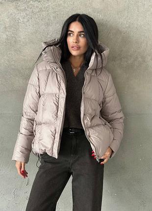 Жіночий пуховик біо пух з капюшоном чорний графітовий бежевий