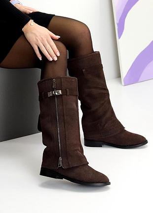 Дизайнерские сапоги замшевые карго цвет шоколад низкий ход