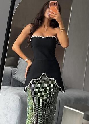 Вечірній святковий новорічний костюм з корсетом та спідницею в стразах