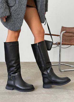 Сапоги еврозима женские черные кожа мех байка 11154