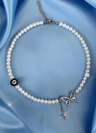 Чокер ожерелье бабочка кубики подвеска жемчуга колье