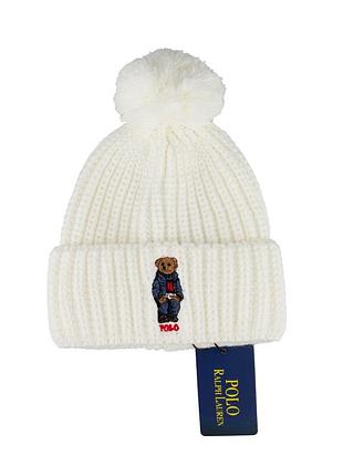 Шапка белая женская мужская polo с помпоном унисекс зимняя поло