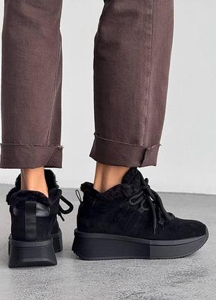 Зимние кроссовки женские черные экозамша мех 11307-1