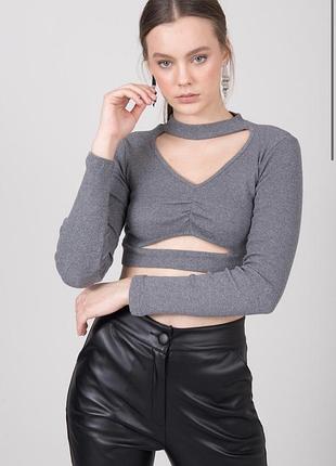 Синій якісний кроп топ в рубчик з вирізами bsl