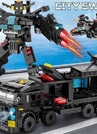 Конструктор "8 в 1 полицейская станция swat" – 585 деталей, командный грузовик, вертолёт, техника в стиле лего
