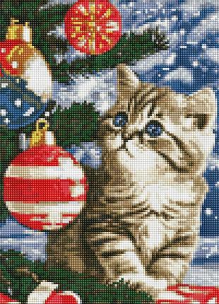 Алмазна мозаїка без підрамника "кошеня під ялинкою" amo7787 30х40 см