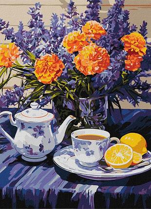Картина за номерами натюрморт. лаванда та чай із лимоном 40 * 50 см ідейка kho 3265