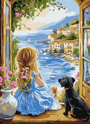 Картина за номерами пейзаж. дівчина із собачкою 30*40 см ідейка kho 8493
