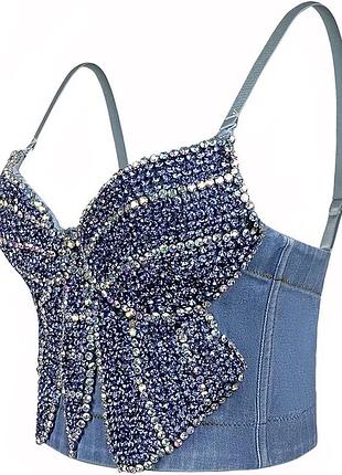 Джинсовий блискучий корсет камні стрази з метеликом