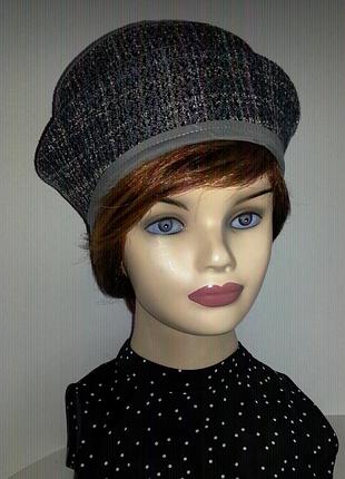 Женский берет, шляпа, папайка, серо-голубая меланжевая клетка,   кашемир.