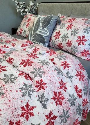 Постільна білизна фланель сніжинки сірі дуо антрацит сімейний