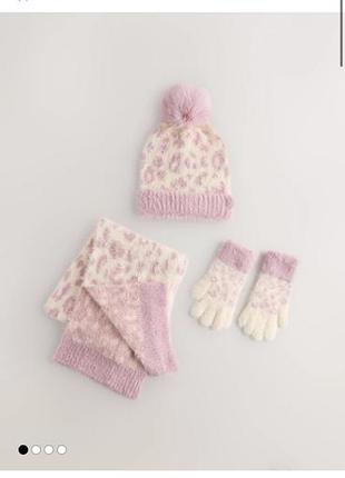 Шапка шарф рукавички комплект на дівчинку тваринний принт next