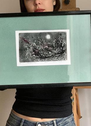 Графіка, офорт квітуче дерево, сучасне мистецтво в рамі