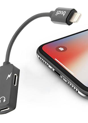 Переходник для наушников и зарядки (lightning - 2хlightning) 15см, budi