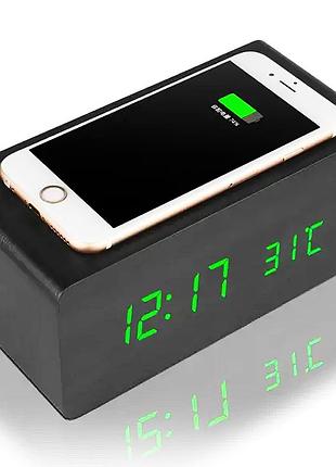 Настольные электронные часы от usb, с беспроводной зарядкой, зеленая подсветка