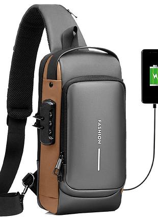 Чоловіча сумка через плече з usb-роз'ємом та кодовим замком, 32х16см, сірий