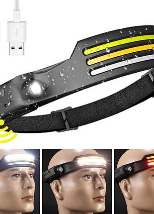 Налобный фонарь аккумуляторный с датчиком движения и usb, cb-689-3