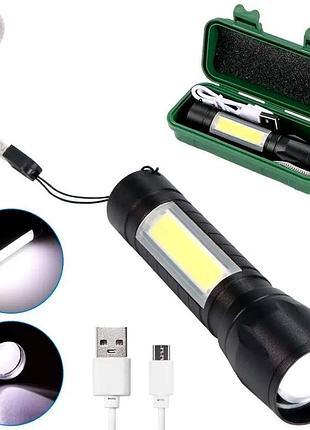 Ліхтарик акумуляторний з usb, бічним світлом та zoom, hb-513-xpe+cob