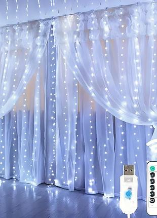 Гірлянда штора водоспад, від usb, 3x2м, з пультом, біле світло