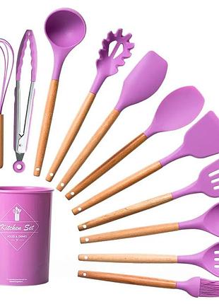 Набір кухонного приладдя 12 предметів, kitchen set, із силікону + підставка, фіолетовий