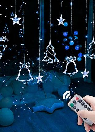 Led гирлянда-штора, 12 фигур (колокольчик, елка, олень), 2,5м, 220в, синий