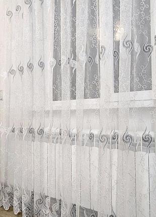 Тюль с вишивкою тюль бело-черная, гардина в зал, спальню, с кордовой нитью, висота 2,80м