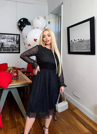 Чорна святкова жіноча сукня міді з довгим рукавом з блискучою сіткою 2091