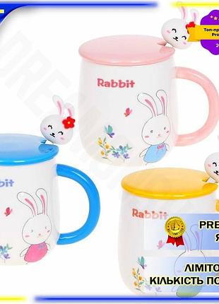 Dm кружка порцелянова rabbit специфікація 2.2 430мл з кришкою та ложкою для чаю та кави з зайцем та не spe|lz
