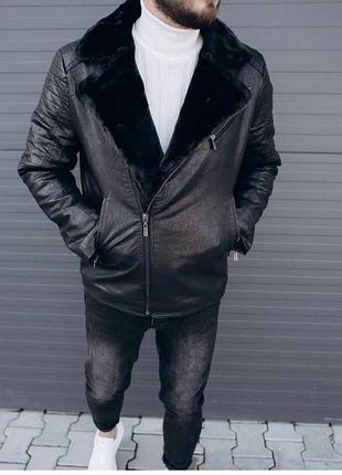 Чоловіча зимова шкіряна куртка на хутрі косуха чоловіча шкірозамінник