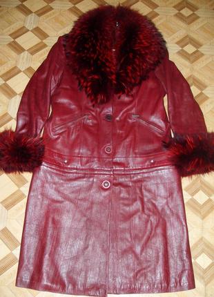 Супер цена на турецкое кожаное пальто с натур. мехом! б/у, размер 46-48