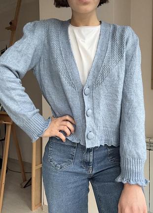 Блакитний кардиган c&a з вовною та ажурним плетінням