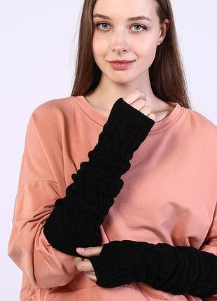 Митенки вязаные длинные черные 6900 мотки однотонные черного цвета