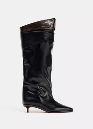 Шкіряні чоботи zara лімітована колекція чорні чоботи кітен хіл високі чоботи до колін чоботи з гострим носком чоботи на маленьких підборах