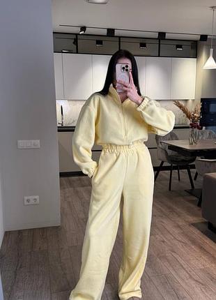 Теплий зимовий флісовий комбінезон жіночий з широкими штанами з щільного двостороннього флісу 42-46 лимон жовтий