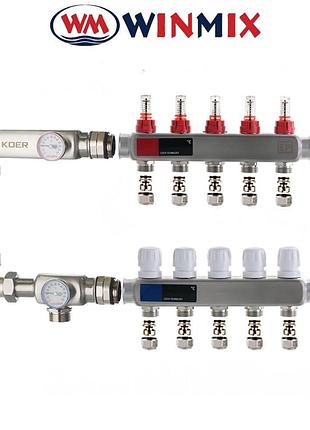 Коллекторный узел в сборе с термостатическим смесит. клапаном для системы "теплый пол" winmix на 5 выходов (нержавейка)