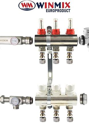 Коллекторный узел в сборе с термостатическим смесит. клапаном для системы "теплый пол" winmix на 3 выхода (балка - латунь, группа